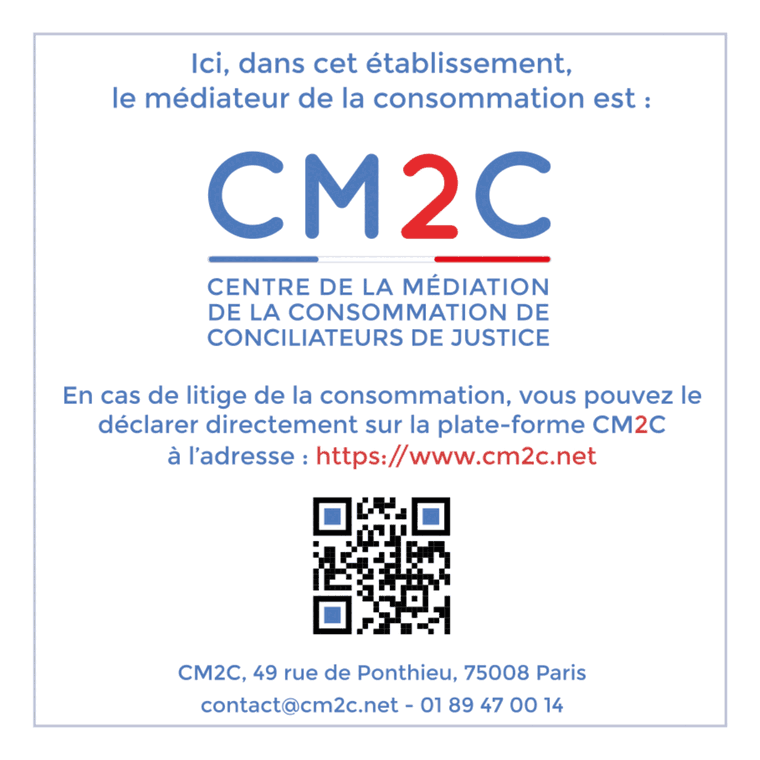 CM2C, centre de la médiation de la consommation de conciliateurs de justice. 49 rue de Ponthieu, 75008 Paris. contact@cm2c.net, 01 89 47 00 14.